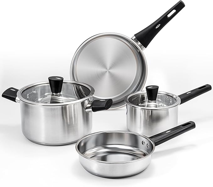 6-Piece Stainless Steel Pots and Pans Set, Kitchen Cookware Set with Stay-Cool Handles Compatible with Gas, Electric & Induction, Dishwasher Safe, Non-Toxic & Durable for Everyday Cooking