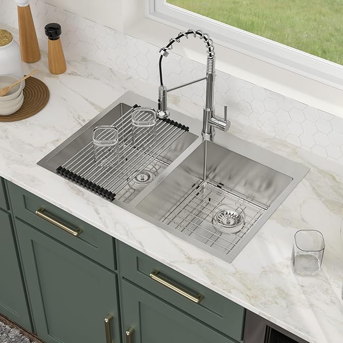 Logmey 33x22 Stainless Steel 50/50 Double Bowl Drop In Kitchen Sink - 16 Gauge Topmount, 33x22x9 Inches