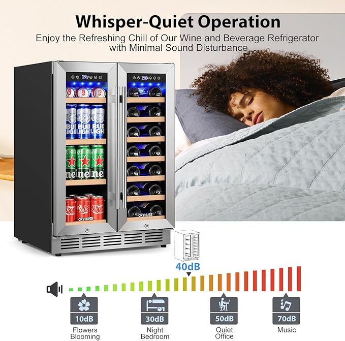 24 Inch Dual Zone Wine and Beverage Refrigerator, Built-in or Freestanding Cooler with French Doors, Under Counter Drink Fridge with Upgraded Compressor for Beer, Wine, and Soda