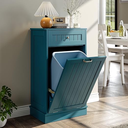 Tilt Out Trash Bin Cabinet Dog Proof Trash Can Holder Kitchen Island Without Garbage Bin or Tilt Out Laundry Hamper (Teal-Blue)