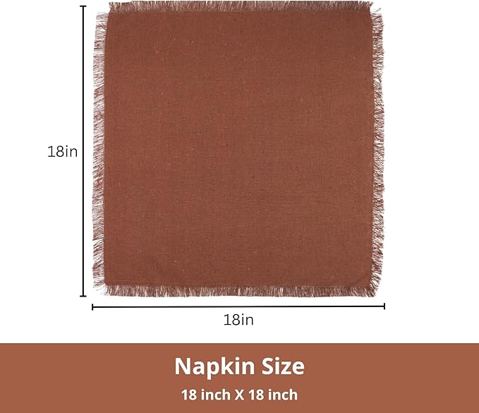 PurpleEssences Rust Cloth Napkins with Fringes, 100% Cotton Christmas Holiday Winter Table Decor, Set of 6 18x18 Inch Reusable Dinner Napkins for Parties and Weddings - Rust