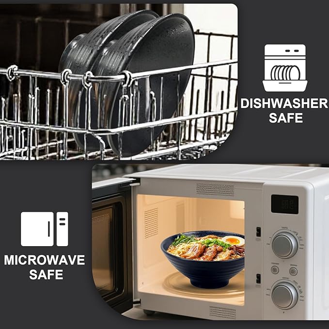 9.4Inch Ceramic Ramen Bowl Set of 4 (17 Piece) - Porcelain Japanese Salad Noodles Cereal Fruit Pasta Soup Large Bowls with Recipes Chopsticks Forks Spoons for Men Women Gift Microwave Dishwasher Safe