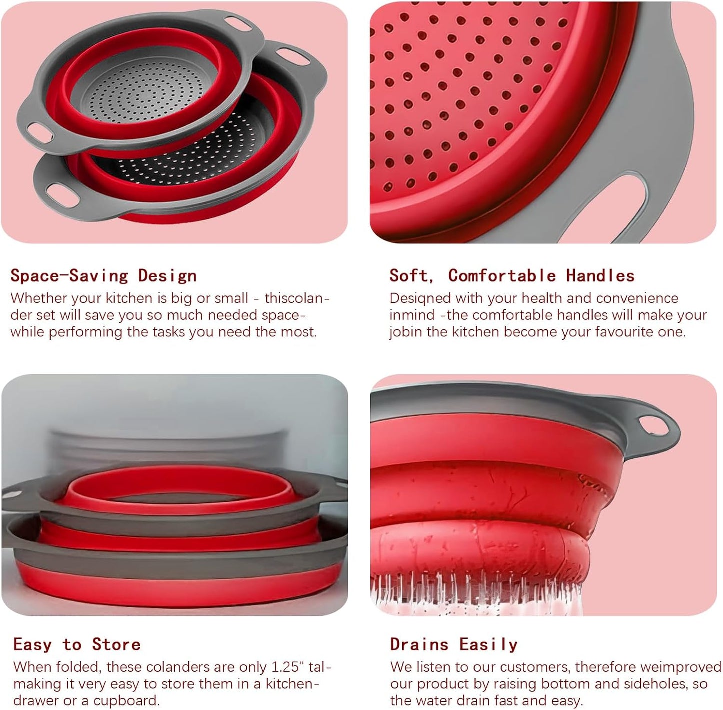 Collapsible Colander Set of 2 Silicone Kitchen Strainer Set, Perfect for Draining Pasta, Vegetable and fruit for Kitchen and Travel Use (Red)