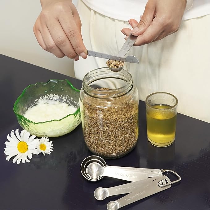 Measuring Spoons, Stainless Steel Measuring Cups Set Ruler & Scraper, 3/4 TSP, 1/8 TSP, 1 TSP, 1/4 TSP, 1/2 TSP, 1/2 Tbsp & 1 Tbsp Small Tablespoon and Leveler for Kitchen Cooking and Baking