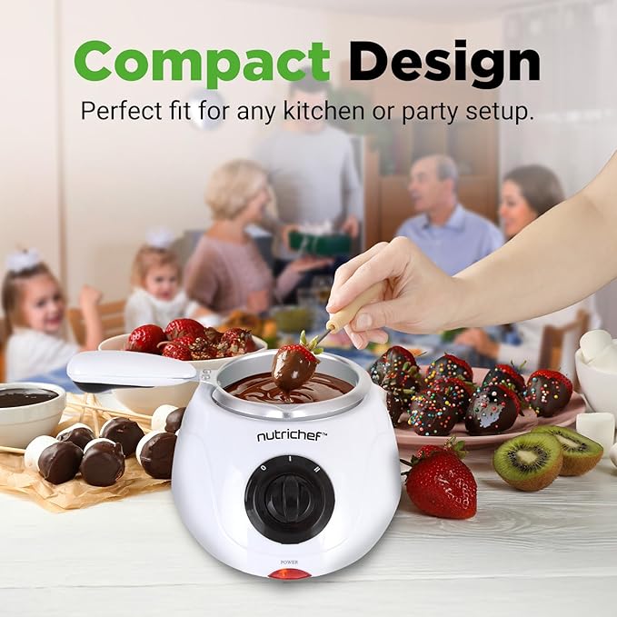 NutriChef Electric Fondue Pot | 25W Chocolate Melting Warmer | 8.8 Oz Capacity | Keep Warm Dipping Function & Removable Pot | Perfect for Melting Chocolate, Butter & Cheese | White