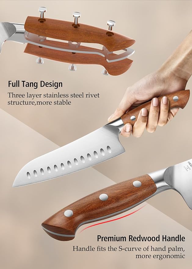 HEZHEN Santoku Chef Knife-7.3 inch Blade German DIN 1.4116 Stainless Steel-Full Tang-Red Wood Handle