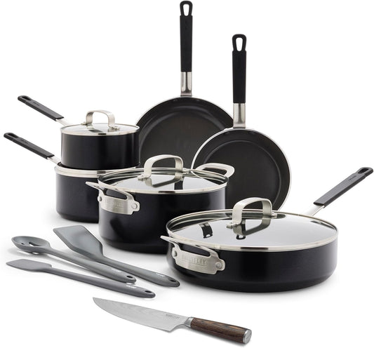 GreenPan x Bobby Flay 13 Piece Cookware Pots and Pans Set and 8" Chef's Knife. PFAS & PFOA-Free Ceramic Nonstick, Induction Suitable, Stay-Cool Silicone Handle, Dishwasher & Oven Safe, Black