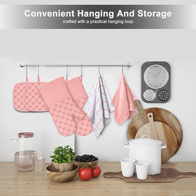 Oven Mitts Kitchen Towels Dishcloths with Pot Holders Sets 12PCS, Dish Towels Sets, Oven Gloves Pot Pads Heat Resistant 500 Degrees with Non-Slip Silicone Surface for Cooking Baking Grilling-Pink