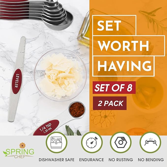 Spring Chef Red Stainless Steel Magnetic Measuring Spoons Set of 8 with Leveler, Metal Teaspoon & Tablespoon Measuring Spoons with Strong Magnets, Kitchen Gadgets for Baking & Cooking - Set of 2