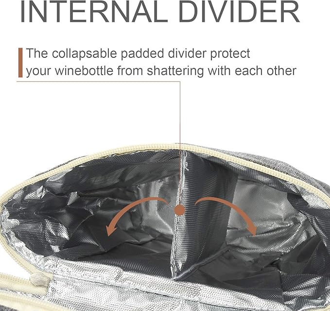 ZORMY 2 Bottle Insulated Wine Tote Bag, Wine Carrier Travel Padded Cooler Bag with Shoulder Strap & Corkscrew Opener, Perfect Wine Lover's Gift, Great for Picnics Grey