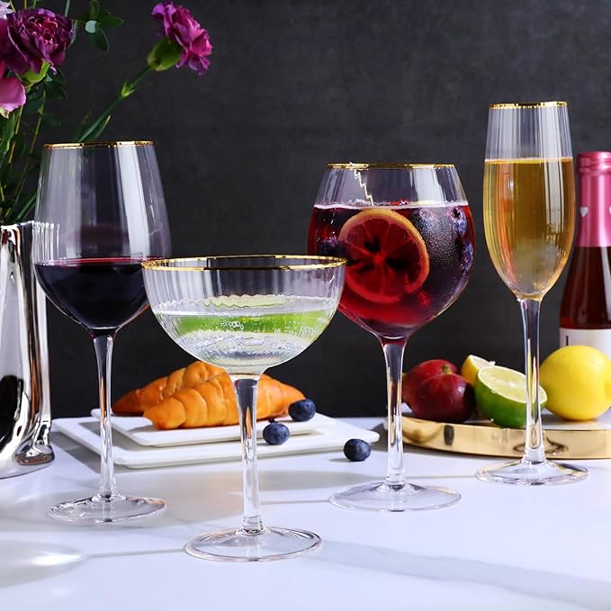 Premium Cheerfull Wine Glasses, 14.2 oz Hand-Blown Glasses with Gold Rim, Fluted Design, Elegant Gift Packaging, Perfect for Special Occasions (4)