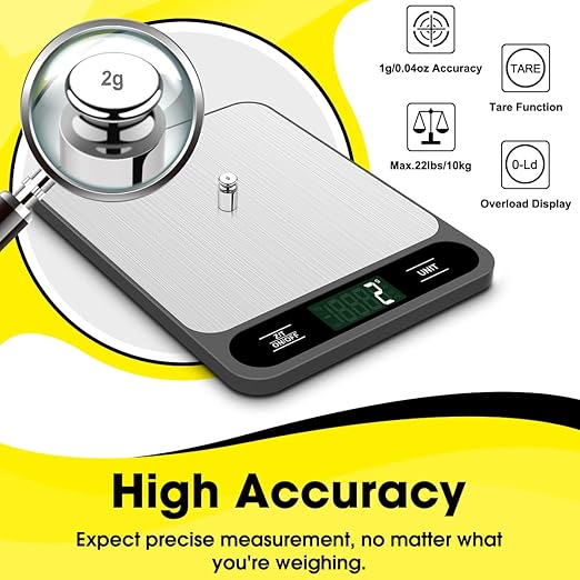 Mik-Nana Food Scale, 10kg/22lb Digital Kitchen Scale Weight Grams and Ounces for Baking Cooking Coffee Package Postage, 6 Units with Tare Function, LCD Display, Easy Clean Stainless Steel