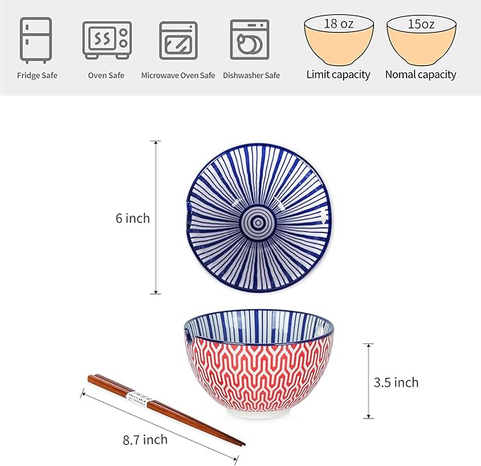 Selamica Ceramic Ramen Bowls Set, 15 OZ Noodle Bowls for Kitchen with Chopsticks, Deep Soup Bowls for Japanese Ramen Udon Soba, Microwave Dishwasher Safe, Set of 4, Assorted Colors