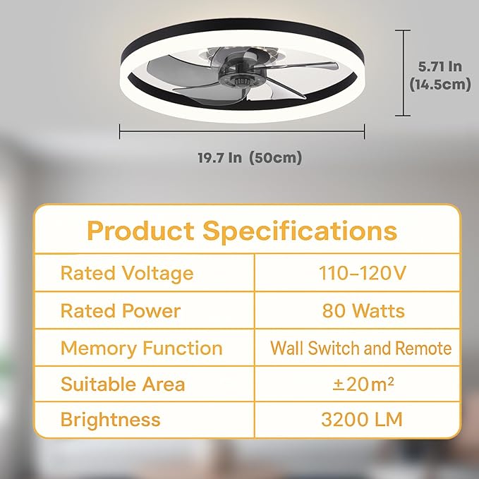 20'' Ceiling Fan with Light, Upgraded Low Profile Fan, Flush Mount Ceiling Fan, 6 Speeds, Dimmable LED, App & Remote Control, Quiet DC Motor, for Bedroom, Living Room, F115 Black