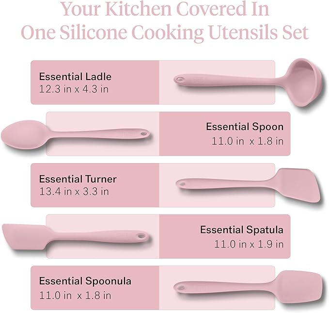 GIR: Get It Right - 5 Piece Essentials All Purpose Set - Ladle, Spatula, Flip, Spoon & Spoonula, Non-stick, Heat Resistant, Dishwasher Safe, Kitchen Utensils, Baking Supplies - Rose