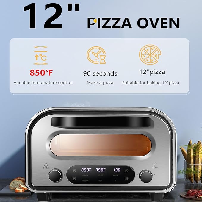 Electric Pizza Oven Indoor 1700W Countertop Pizza Maker Fast Heating up to 850°F Touchscreen 6 Preset Modes Adjustable Timer & Temp Knobs Used for Commercial & Home Kitchen in Silver