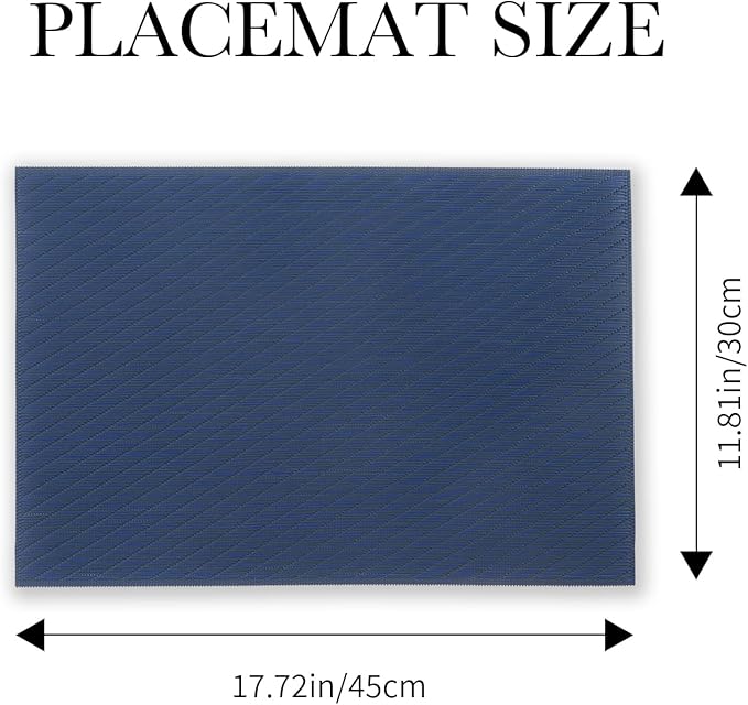 BACKTOEDEN Placemats Set of 6 Heat Resistant Washable Wipeable Placemat Woven Non-Slip Foldable Vinyl/Plastic Place Mats Indoor/Outdoor Mat Kitchen Dining Table Pad, Royal Blue Twill