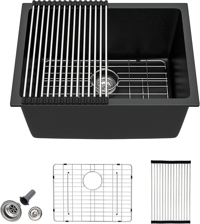 24 Undermount Laundry Sink - Fulorni 24"x18" Laundry Room Utility Sink Undermount Matte Black Granite Composite Quartz Classic 12 Inch Deep Single Bowl Under Counter Basin