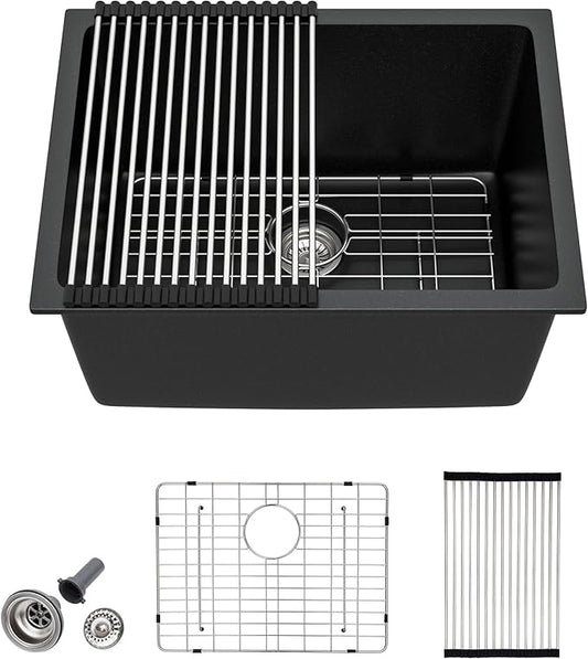 24 Undermount Laundry Sink - Fulorni 24"x18" Laundry Room Utility Sink Undermount Matte Black Granite Composite Quartz Classic 12 Inch Deep Single Bowl Under Counter Basin