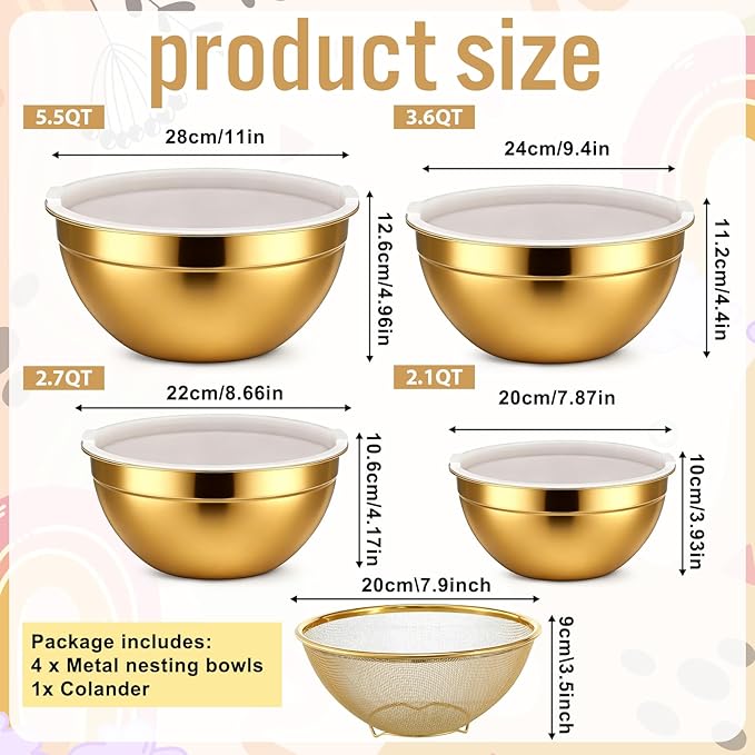 SHENLIU 5 Pcs Gold Mixing Bowls with Airtight Lids, Stainless Steel Mixing Bowl with Colander Metal Nesting Organizers for Kitchen Prepping Serving Food, Non-slip Bottom Size 5.5, 3.6, 2.7, 2.1Qt