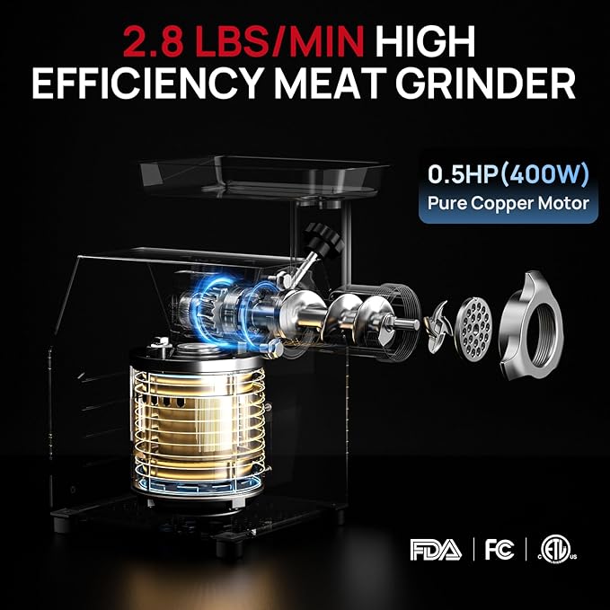 Electric Meat Grinder #8, 0.6 HP Heavy Duty Stainless Steel Meat Mincer, 1500W Max, Includes 2 Blades, 2 Plates & 3 Sausage Stuffing Tubes, Meat Grinder for Home Kitchen & Restaurant Use