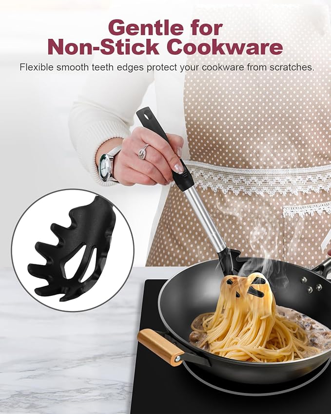 Silicone Spaghetti Spoon and Pasta Tong, Heat-Resistant Noodle Spoon Server, 13“ BPA-Free Spaghetti Strainer, Fork with Teeth and Stainless Steel Handle, Food-Grade Clip for Pasta, Black