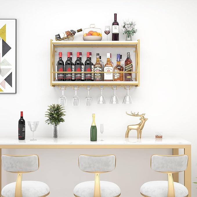 Dokser Wine Rack Wall Mounted Shelf - 2 Tier, Rustic Wood & Industrial Iron Frame Wine Bottle Holder for Kitchen, Dining Room, Home Bar Decor (Gold)