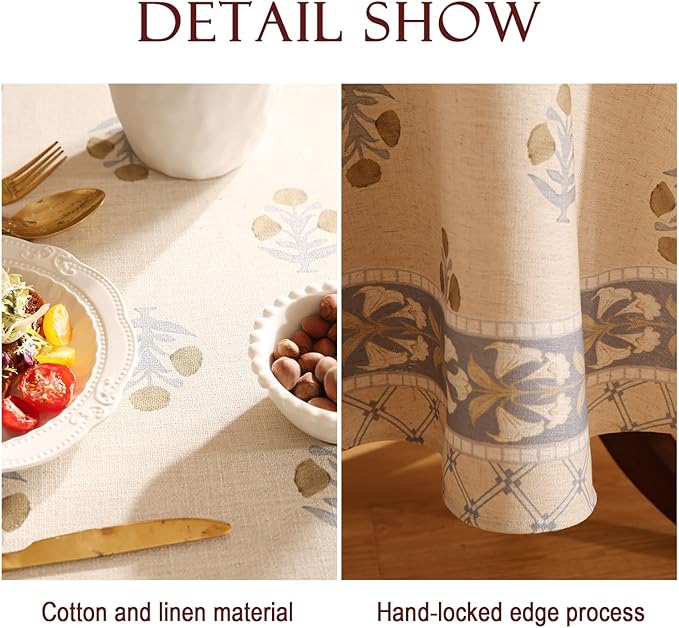 patdrea Designer Beige Tablecloth for Round Tables,Vintage Linen with Yellow Flowers Pattern Tablecloths,Rustic Floral Table Cover Cloth Decor for Kitchen Dining Christmas,Diameter 55"