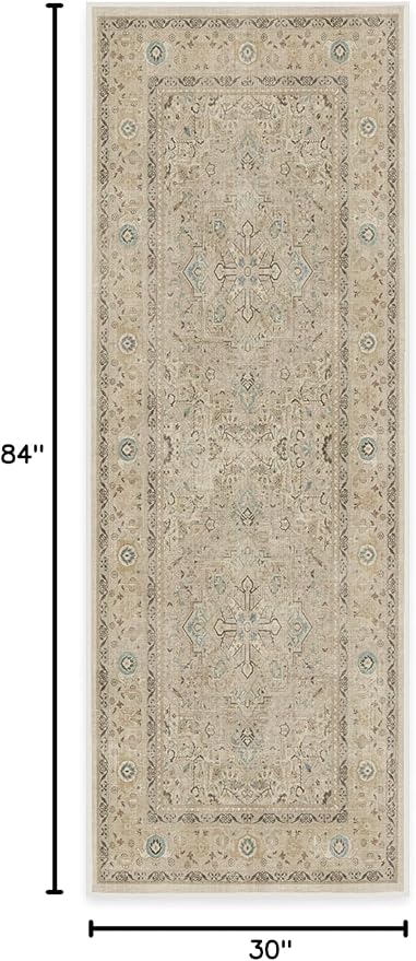 RUGGABLE Washable Vintage Runner Rug – Kamran Ivory Opal 2.5x7, Stain-Resistant, Non-Slip Hallway Runner – Machine Washable Rug for Hallway, Entryway, Living Room & Kitchen–with Cushioned Pad