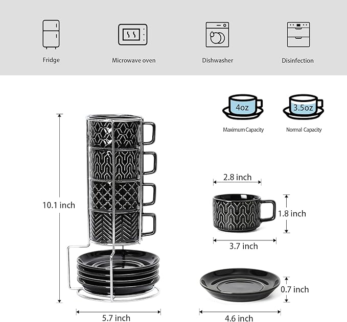 Sureasy Ceramic Espresso Cups Set of 4 – 4 oz Black Stackable Cappuccino Cups with Saucers and Metal Stand, Embossed Mugs for Latte, Mocha, Tea, and Specialty Coffee
