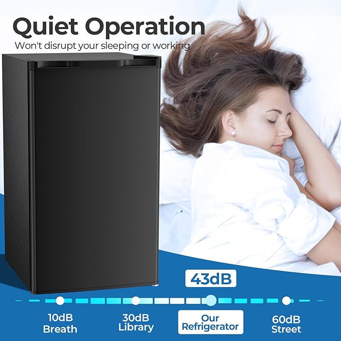 3.2 Cu.ft Mini Fridge with Freezer, Compact Refrigerator with Reversible Single Door, Adjustable Thermostat, Low Noise, Energy Efficient for Office, Dorm, Bedroom, Apartment (Black)