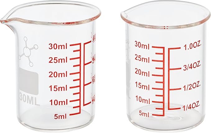 High Borosilicate Glass Measuring Cup-V-Shaped Spout，Glass Measuring Beaker for Kitchen or Restaurant, Easy to Read, 30 ML (1 Oz)-Pack of 2
