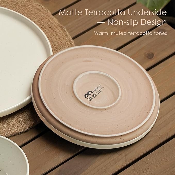 24 Pieces Farmhouse Stoneware Dinnerware Set for 8, Speckled Ceramic Plates and Bowls Set, Matte Terracotta Underside Ceramic Dish Set Scratch Resistant Microwave Dishwasher Safe (Amber Dusk)