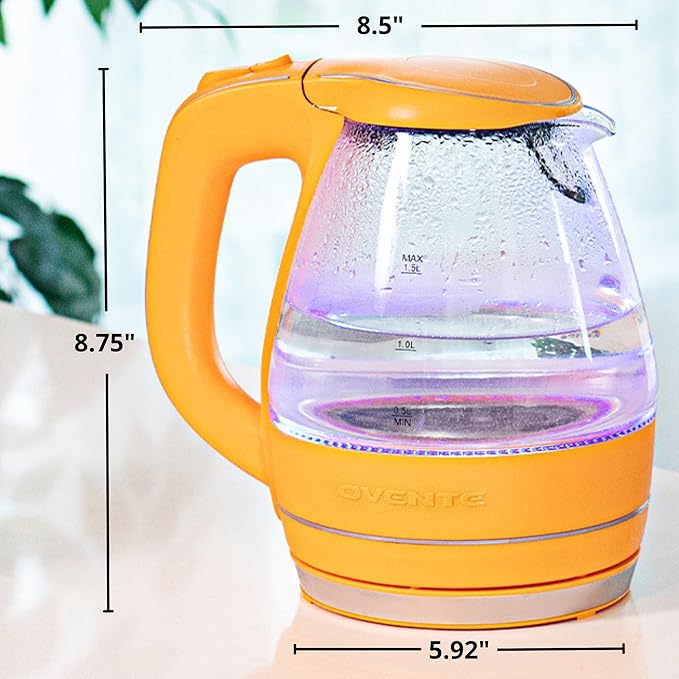 OVENTE Electric Kettle, 1.5L Borosilicate Glass Countertop Water Heater and Boiler for Coffee or Tea, BPA-Free, Auto Shut-Off, Boil-Dry Protection, Removable and Washable Spout Filter, Orange KG83O