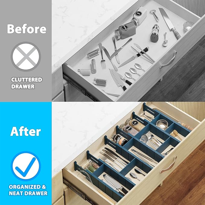 6 Pack Bamboo Drawer Dividers with 12 Inserts, Expandable Adjustable Clothes Drawer Organizers and Storage from 17" to 22" for Kitchen, Bedroom, Dresser, Cosmetics (Navy Blue)