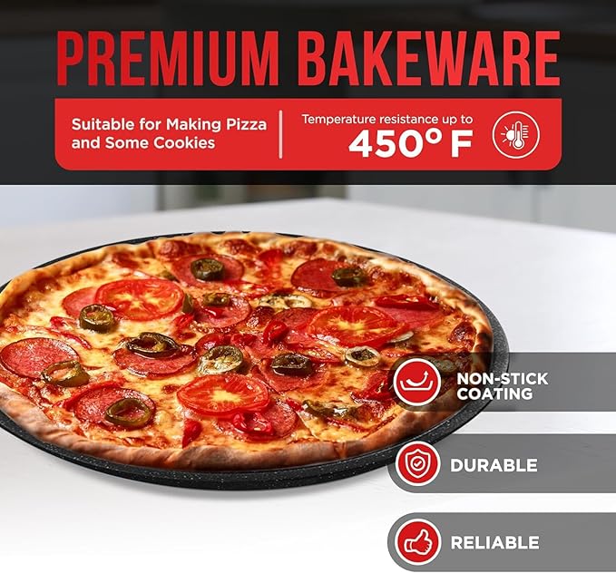 Gray Marble Non Stick Pizza Pans Set of 3 – Carbon Steel Pizza Baking Trays (9.45", 11.02", 12.99") for Oven Use, Durable, PFOA, PFOS, PTFE Free, Dishwasher Safe, Stain-resistant, Easy Cleanup