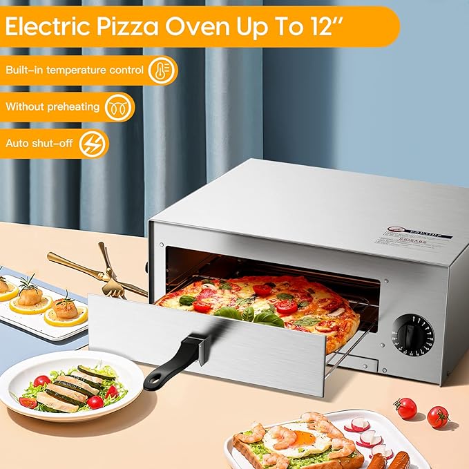 SIMOE Electric Pizza Oven,Indoor Pizza Oven with Handle & Removable Tray and 30mins Timer, Multifunctional Countertop Maker up to 12" for Kitchen, Camping,Party