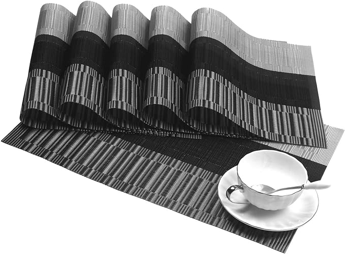 SHACOS Woven Vinyl Placemats for Dining Table Set of 6 Non Slip PVC Bamboo Basket Weave Table Place Mats (6, Ombre Black Gray)