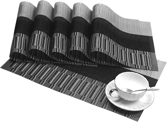 SHACOS Placemats with Table Runner Set of 7 Woven Vinyl Table Mats and Runner for Dining Table Heat Resistant, Ombre Black Gray