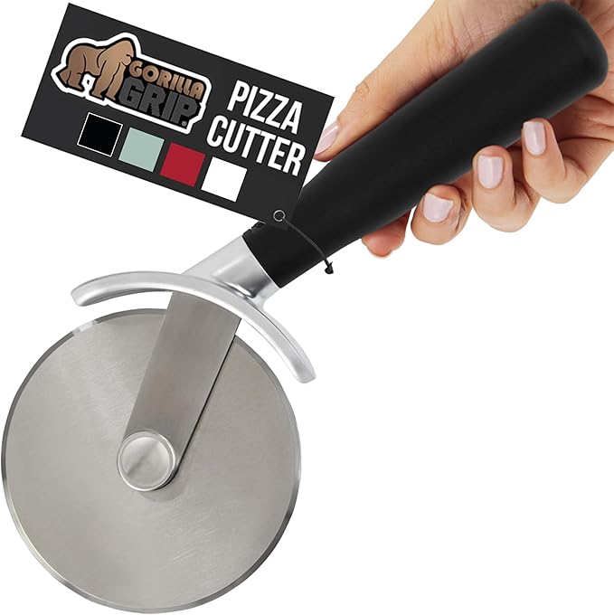 GORILLA GRIP BPA-Free Large Pizza Cutter Wheel, 9 Inch, Sharp Stainless Steel Blade, Slip Resistant Handle with Thumb Guard Protection, Slice Thick or Thin Pizzas, Pie, Pastries in Seconds, Black