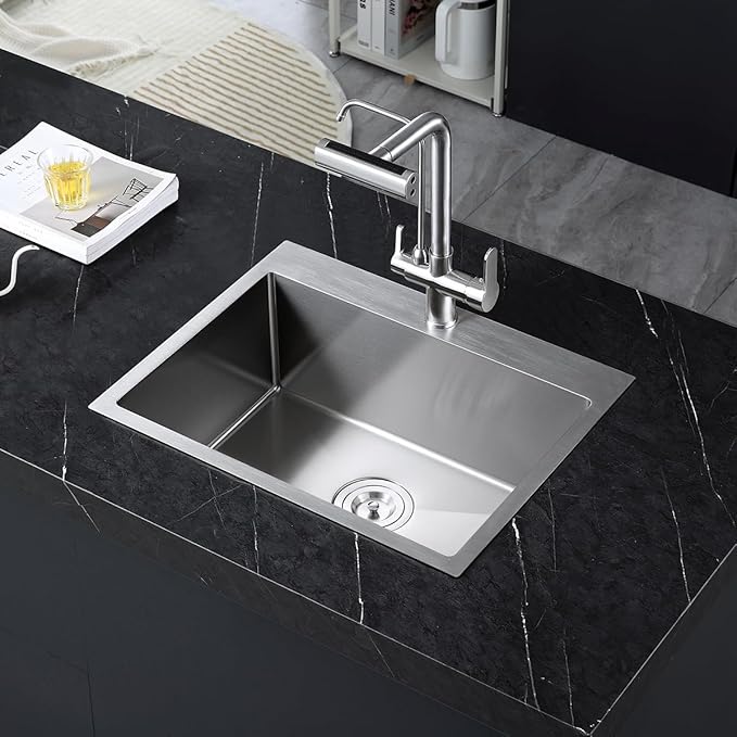 21 x 18 Inch Kitchen Sink Drop in, 18 Gauge Stainless Steel Single Bowl Topmount Kitchen Sink Single Basin with 1 Faucet Hole, Brushed Nickel