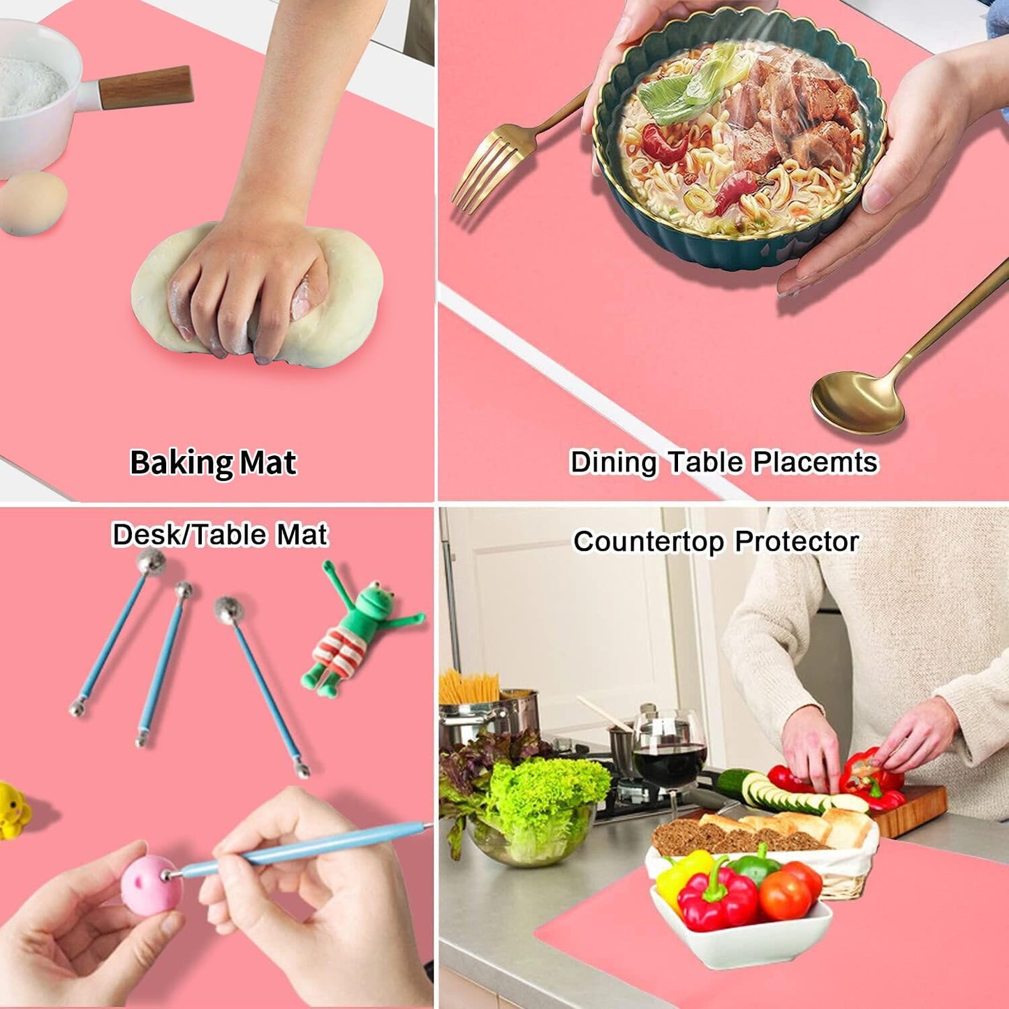 Extra Large Silicone Table Mat, Silicone Mat for Crafts Kids Dinner Placemat Desk Countertop Protector Heat Resistant Baking Mat Reusable Dough Rolling Pad Fondant Mat, Pink (23.62x15.75 inches)