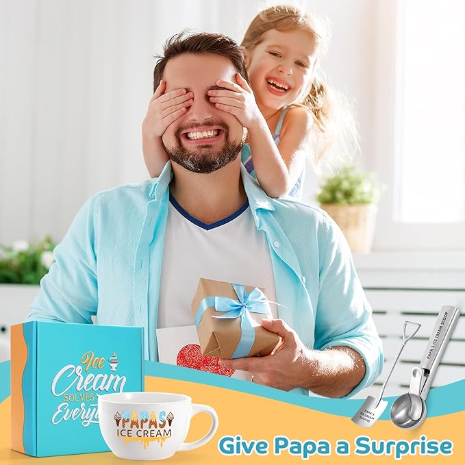 Father’s Day and Christmas Gift - Papa's Ice Cream Bowl and Scoop Set for Daughter, Son, Xmas Ideal Gift