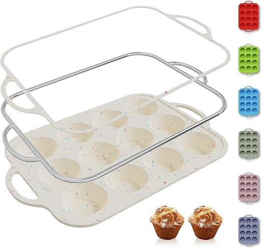 12 Cups Silicone Muffin Pan with Metal Reinforced Frame Regular Size Cupcake Pan Tray Egg Bites Silicone Circle Cookie Molds Muffin Tin Tart Pans Home Baking Supplies Stuff Necessities Cookware