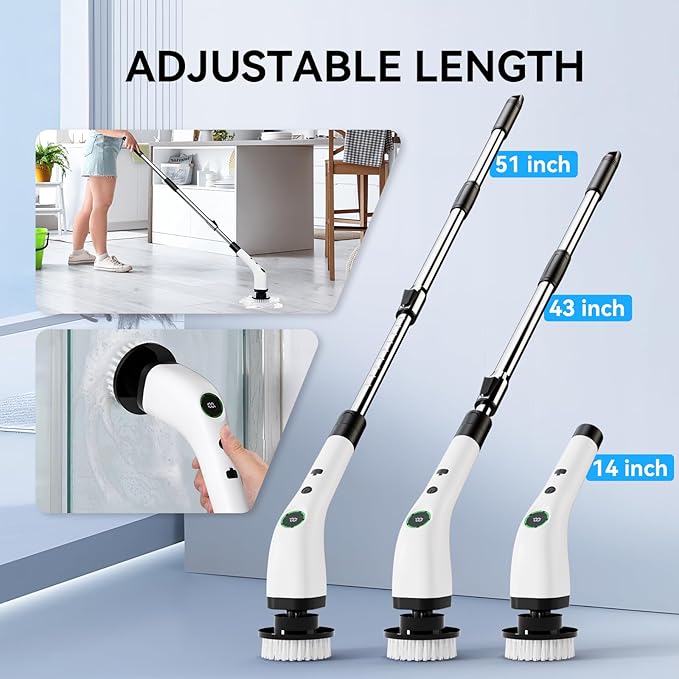 Electric Spin Scrubber, Cordless Cleaning Brush Scrubber with Battery LCD Display for Bathroom, Kitchen and Home, Adjustable Extension Handle, Full Body Waterproof IPX7, 8 Replaceable Brush Heads
