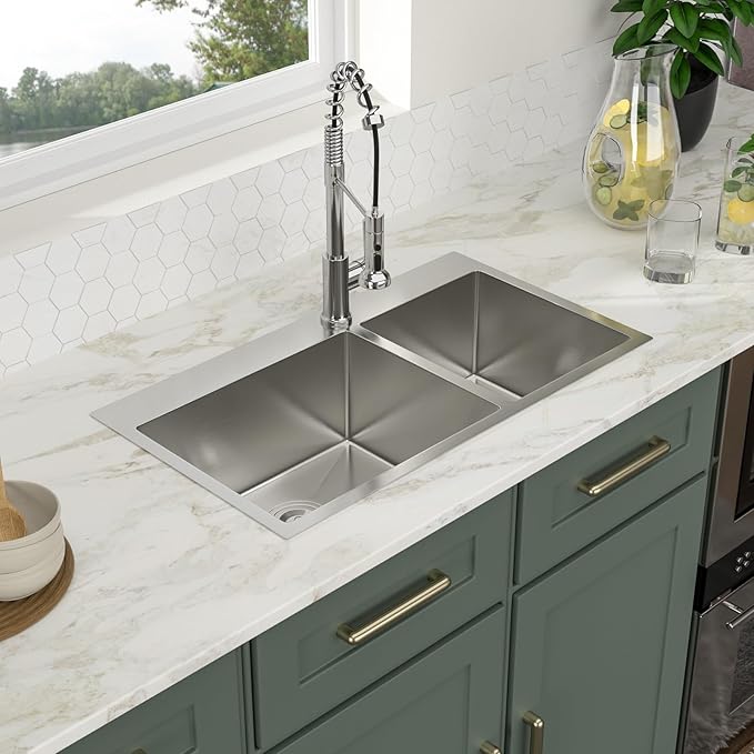 32 Inch Large Double Bowls Drop in Kitchen Sink 60/40 Stainless Steel Sinks 32x18 16 Gauge Topmount Handmade 2 Bowl Kitchen Sinks, 32x18x9