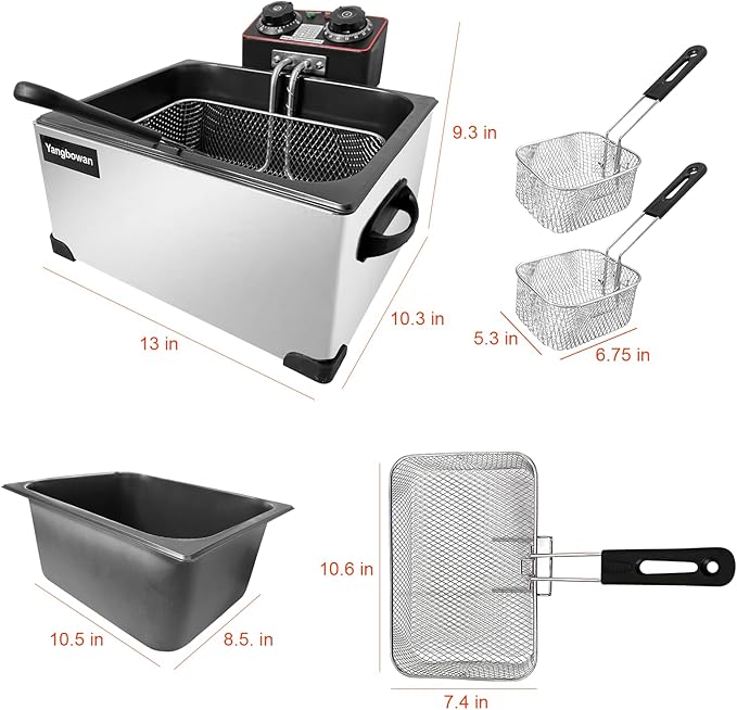 Deep Fryer with Basket for Home Use, Yangbowan Electric Deep Fryer 5L 1300W with Time & Temperature Control,3 Frying Baskets, Stainless Steel Lid with Viewing Window and Perfect for Kitchen, Fish Fry