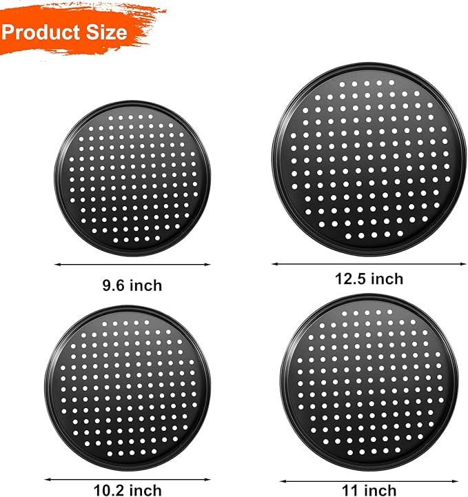 Round Pizza Pans with Holes, 4pc Set - Perforated Non-Stick Pizza Baking Pans for Oven, 9/10/11/12 Inch