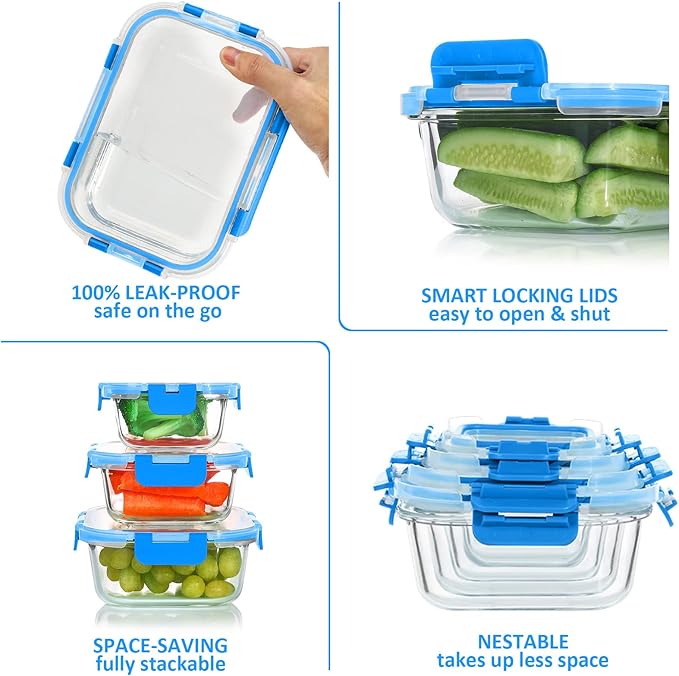 24 Pieces Glass Food Storage Containers Set,Glass Meal Prep Containers-Stackable Airtight Glass Storage Containers with lids,Freezer, Microwave, Oven Safe,Blue