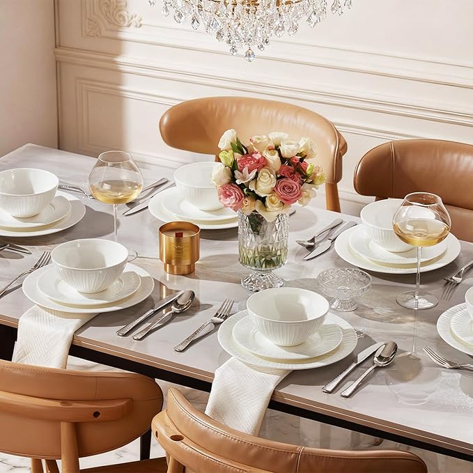 KINGSTONE 24-Piece Bone China Dinnerware Set with 40-Piece flatware, White Lightweight Porcelain Service for 8, for Family Dining, Restaurants, Gifting，Microwave and Dishwasher Safe
